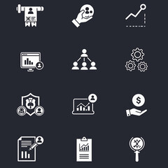 Business Management Icons Set with People, Graphs, and Finances