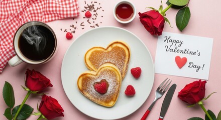 Valentine’s Day Heart-Shaped Pancakes. A festive Valentine’s Day breakfast flat lay featuring heart-shaped pancakes on a white plate, sprinkled with powdered sugar and topped with a red heart candy. 