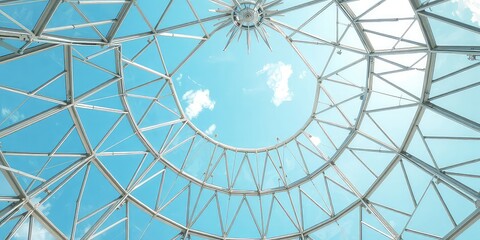 Skylight architecture with structural framework patterns creating symmetry against a crisp blue sky and soft white clouds above.