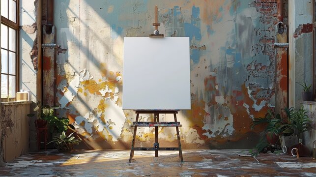 Easel with blank canvas sits in sunny, textured room with peeling paint and plants