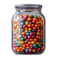 Glass jar filled with a variety of colorful candies isolated on transparent background.
