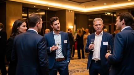 Business professionals networking and socializing at a formal corporate event or reception, holding drinks and engaging in conversation in an upsca... - Powered by Adobe