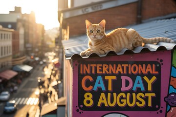 Adorable ginger cat celebrates International Cat Day on rooftop overlooking vibrant city street at sunset
