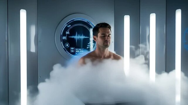 Futuristic Cryotherapy Session: Man Meditates in a High-Tech Chamber with Swirling Cold Vapor