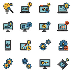 Colorful Flat Design Technology and Development Icons Set on White Background.