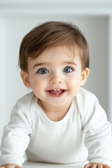 Fototapeta premium Happy Baby with Blue Eyes Smiling in White Clothing on Table
