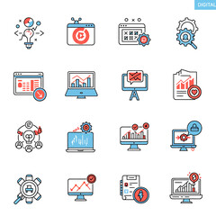 Digital Business Icons Data Analysis Strategy and Communication Symbols.