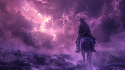 Cowboy riding into storm. Purplish sky, stormy atmosphere, mysterious landscape. Back view