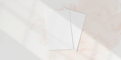 Two white blank sheets of paper on a light surface with subtle patterns and soft light adding a touch of elegance