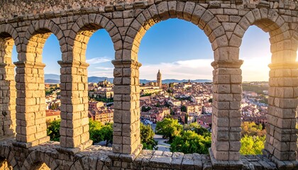 Fototapeta premium Ancient arches framing a city panorama at sunrise