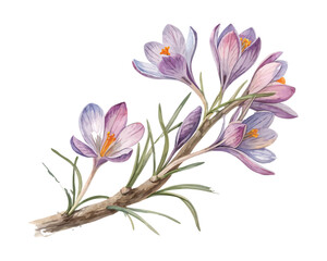 watercolor Crocus Branch vector illustration isolated on white background