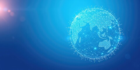 Global connectivity concept shows an abstract world with glowing nodes and network connections on a cool blue background