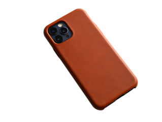 Brown leather phone case with camera cutout isolated on transparent background
