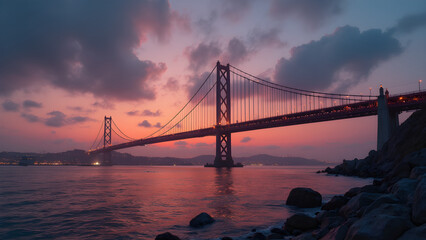 suspension bridge at twilight. ultra realistic bridge lighting. beautiful sunset views. architectural marvels and cityscapes.