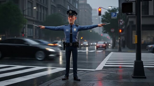 Animated Police Officer Directing Traffic on a Rainy City Street with Cars Passing By
