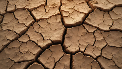 Dried cracked mud bed texture. Ultra realistic desert soil patterns. Color contrast in parched earth. Visually striking arid landscapes.