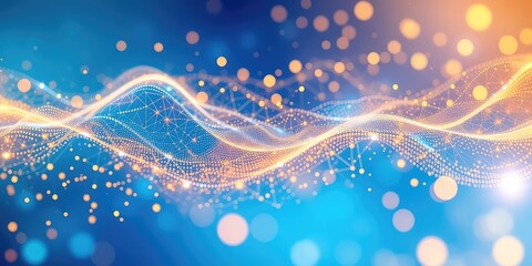 Digital data stream with glowing dots and interconnected network lines over a soft blue gradient background, representing abstract connectivity