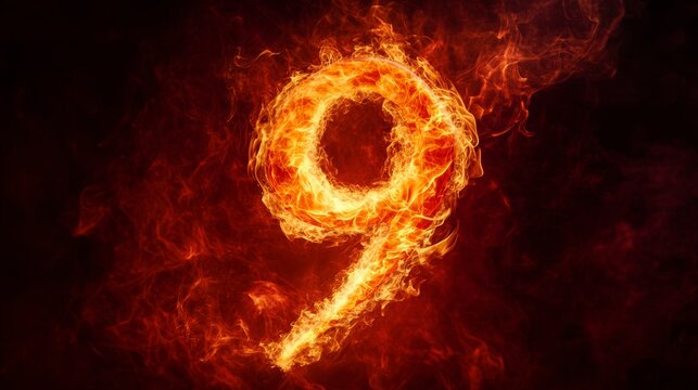 A fiery number 9 created with dynamic flames and smoke effects placed on a solid dark red background intense energy and heat vivid orange and yellow tones dramatic and powerful mood with motion blur