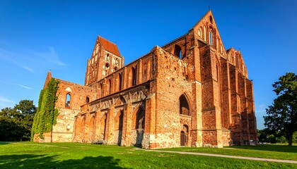 Ancient brick church ruins under a vibrant sky