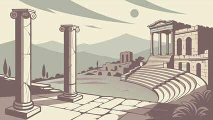 Obraz premium Explore ancient greek ruins landscape with doric columns and amphitheater architectural drawing illustration