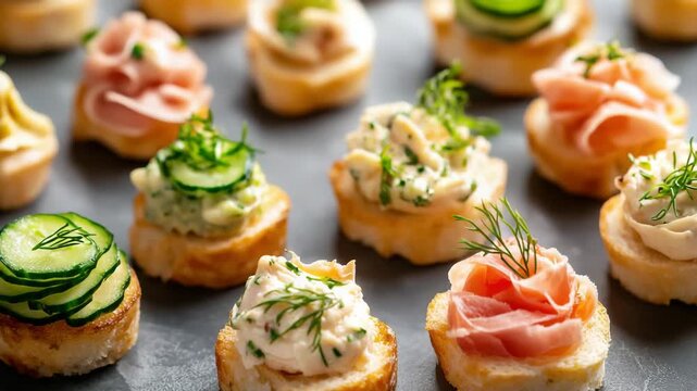 Gourmet canapes topped with cucumber slices, whipped cream, herbs, and ham on crispy bread. Beautifully arranged bite-size snacks. Fresh and festive.