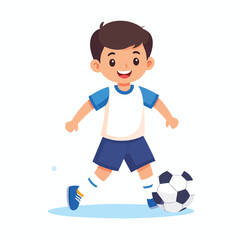 A cartoon illustration of a young boy kicking a soccer ball.