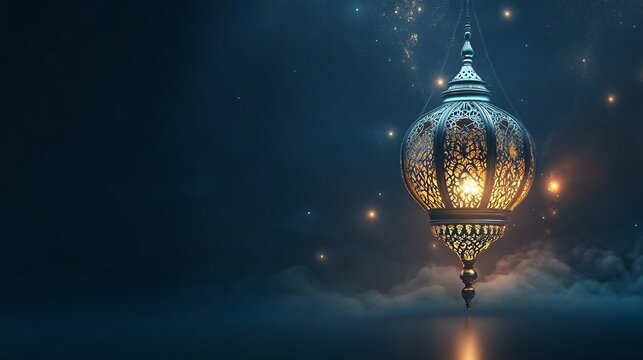 Ornate hanging lantern illuminated against a night sky.