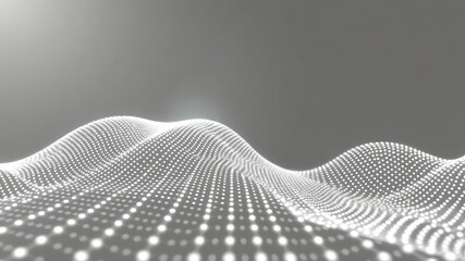 Glowing dotted surface undulating against a smooth gray background, creating a digital and futuristic landscape