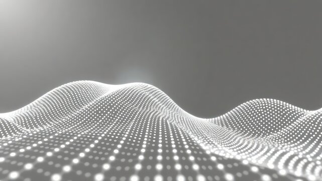 Glowing dotted surface undulating against a smooth gray background, creating a digital and futuristic landscape