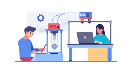 3d printing technology concept illustration featuring people working on design and prototyping process