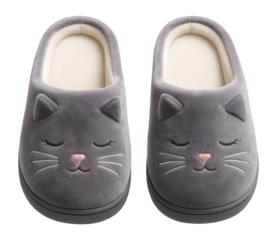 Cat face slippers with whisker embroidery and pink nose