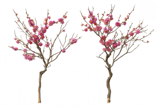 Two small flowering trees with pink blossoms