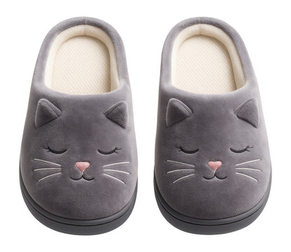 Cat face slippers with whisker embroidery and pink nose