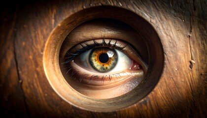 Looking Through Hole Human Eye Close-up Wood Texture Detail