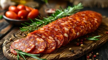 Sliced chorizo on wood board with rosemary, tomatoes, peppercorns, and blurred background