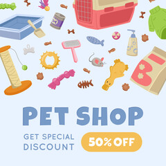 Pet Shop Discount Card with Cat and Dog Supplies.