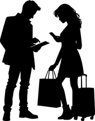 Man and woman shopping while using smartphones with bags in hand, couple grocery listing  