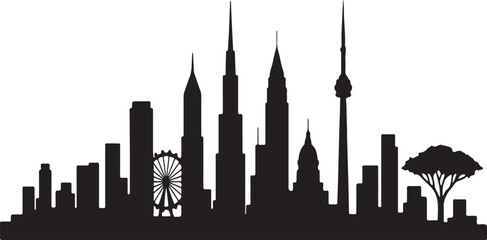 Vector illustration of city skyline silhouette with towering skyscrapers and diverse urban architecture