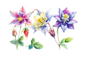 watercolor Columbine Branch vector illustration isolated on white background