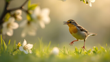 Tiny wrens in apple trees. Joyful birds hopping among blossoms. Ultra realistic nature scenes. Springtime wildlife photography.