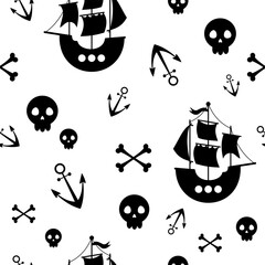 Black and white pirate seamless pattern. Ocean hand drawn vector background in silhouette style