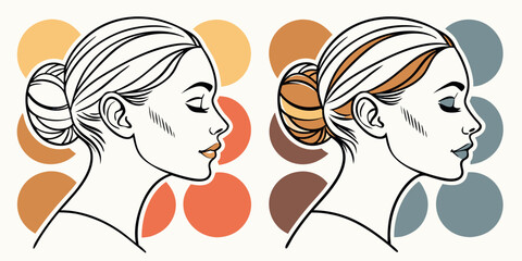 Elegant line art portraits of women with abstract circles