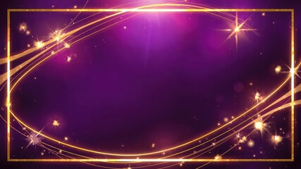 Fototapeta premium Elegant purple background with golden frame, sparkling accents and glowing lines for festive invitations and celebrations