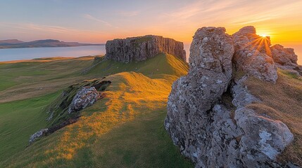 Dramatic sunset over rugged Scottish cliffs