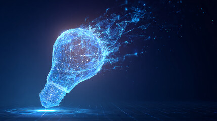 Blue lightbulb formed from glowing lines and nodes, digitally rendered, symbolizing innovation, technology, and new ideas, perfect for tech or innovation concepts