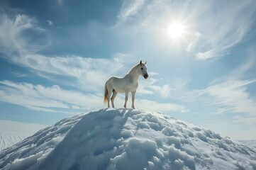 The wild horse in the mountains. The beautiful wild white horse in the mountains in snow