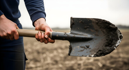 Man holding a dirty shovel in a field. Agriculture and farming concept. Gardener digging soil for planting.