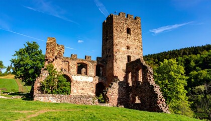Ancient castle ruins under a vibrant blue sky