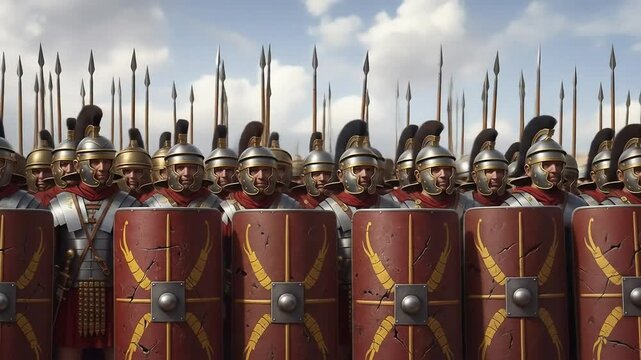 Roman Army Legionaries in Formation: A Wall of Shields and Spears Before the Battle