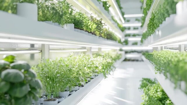 Interior view of a modern greenhouse with multiple rows of planted vegetables under bright lights.